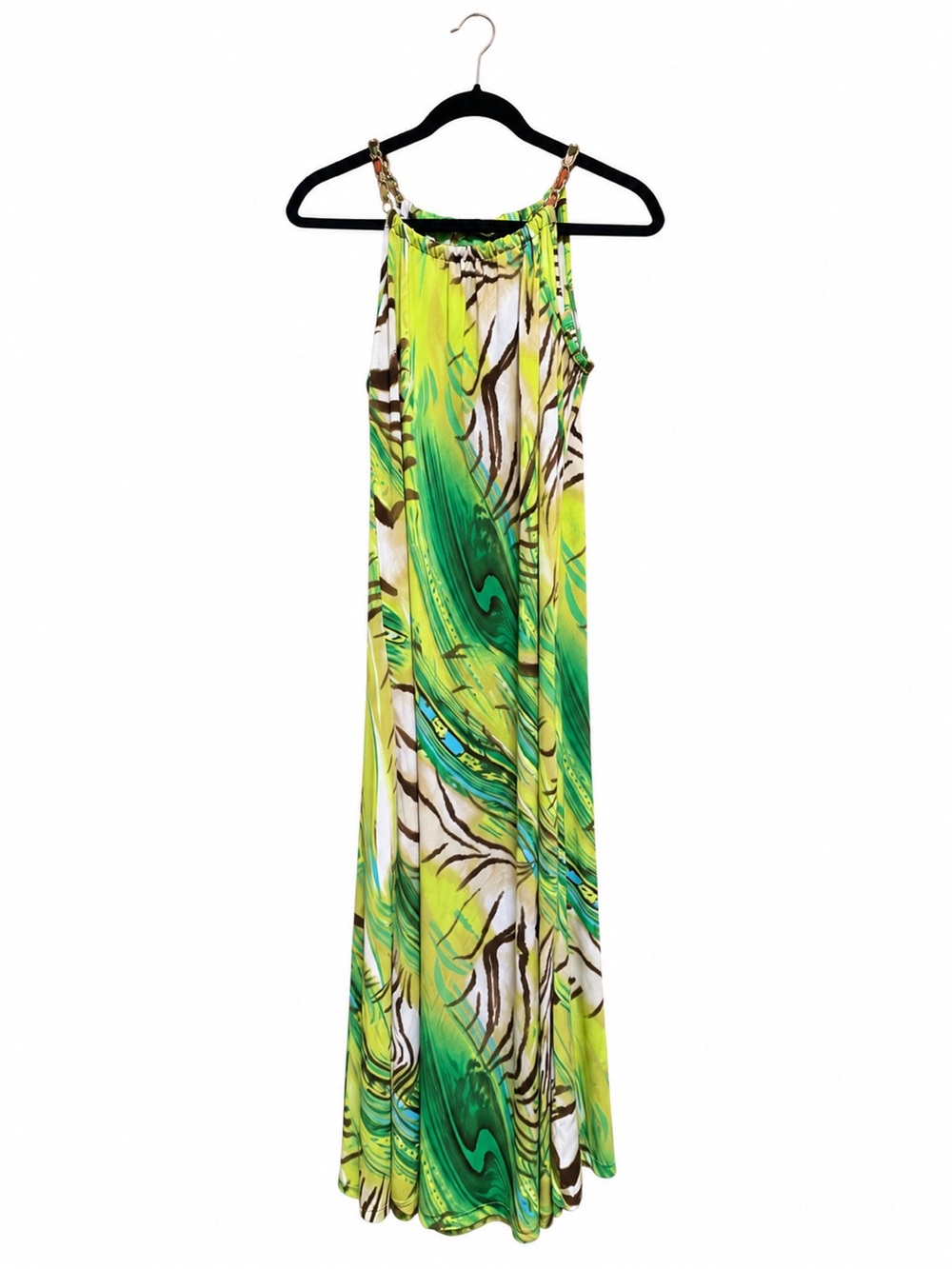 Candy Rain Y2K Mini Dress S Green Abstract Print Gold Chain Strap
